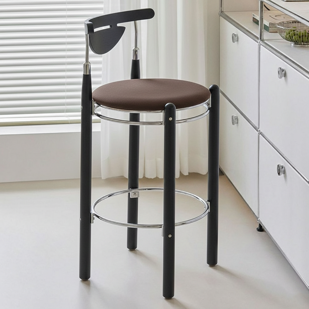 Modern Minimalist Round Solid Wood Plywood Wrought Iron Bar Stool With Backrest Footrest - Beech Wood Legs, Upholstered Sponge Cushions For Dining Room & Kitchen Lumendat