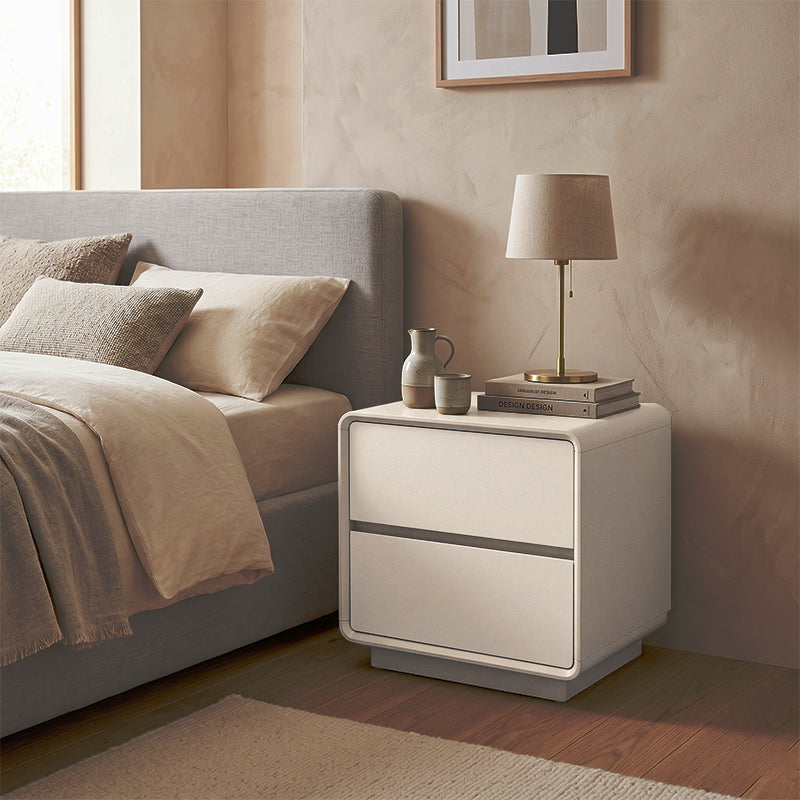 Modern Minimalist MDF Cream White Nightstand 2-Drawer - Rounded Edge Bedside Storage Cabinet With Hidden Handle For Bedroom Lumendat
