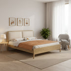 French Flush-Edge Bed Frame - Genuine Leather Headboard & Breathable Pine Slats Bed For Bedroom Lumendat