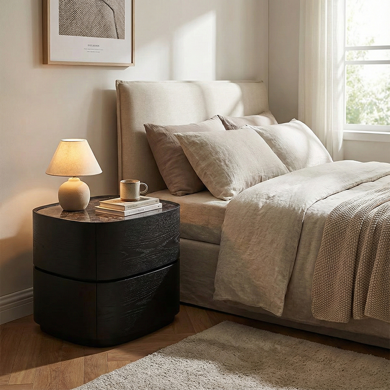 Modern Luxury Oval Stone Slab Plywood Nightstand With Dual Drawers For Bedroom Lumendat