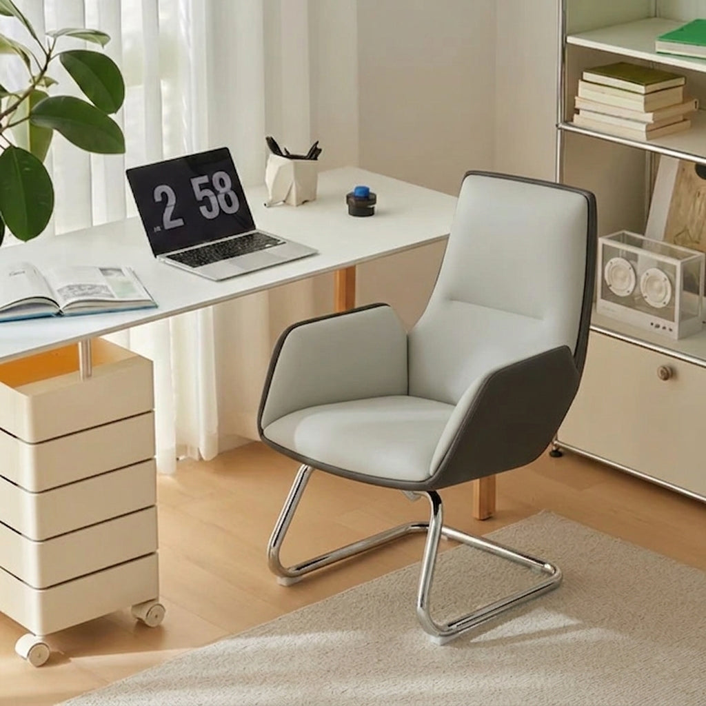 Modern Minimalist Ergonomic Mid Back Leather Plywood & Metal Office Chair - Upholstered Desk Chair With Armrests Comfortable Reception Chair For Home Office Lumendat