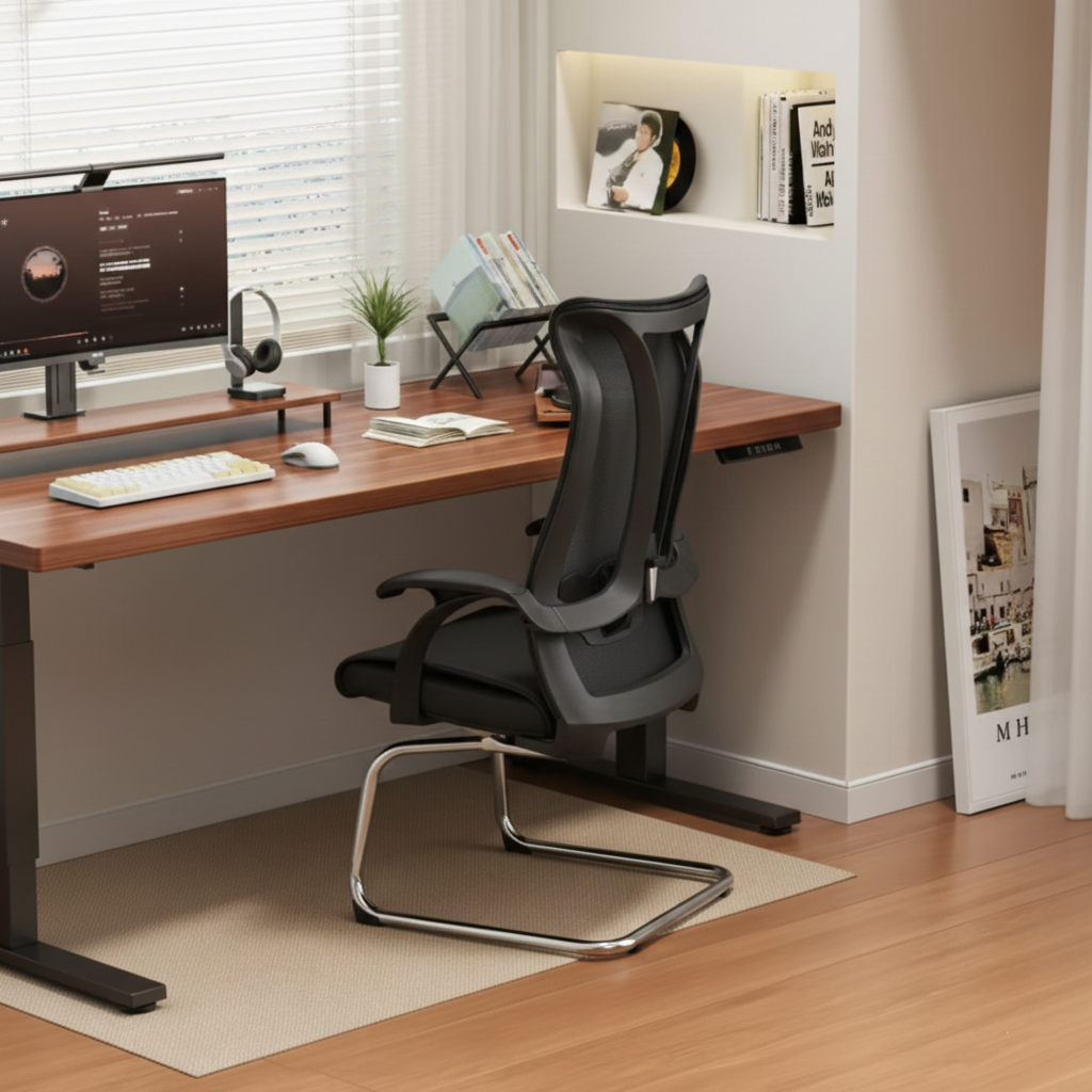 Modern Minimalist Ergonomic Leather Plywood Metal Office Chair Executive Gaming Desk Chair With Headrest Lumbar Support Cantilever Base For Home Office Set Of 2 Lumendat