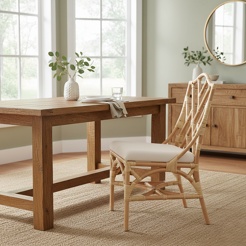 Contemporary Scandinavian Handwoven Natural Rattan Dining Chair With Waterproof Cushioned - Back Chair For Indoor & Outdoor Use Lumendat