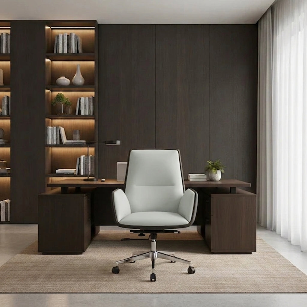 Modern Minimalist Ergonomic Leather Plywood Metal Office Chair Adjustable Swivel Desk Chair With Wheels - Mid-Back Comfortable Task Chair For Home Office Lumendat