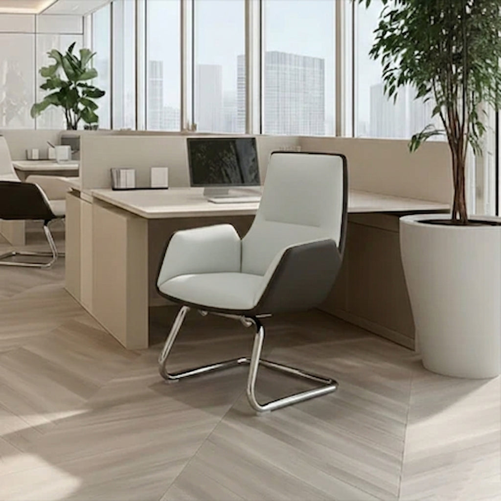 Modern Minimalist Ergonomic Mid Back Leather Plywood & Metal Office Chair - Upholstered Desk Chair With Armrests Comfortable Reception Chair For Home Office Lumendat