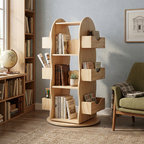 Lumendat Modern Minimalist Solid Wood Rounded Corner Kids Swivel Bookshelf With 4-Tier For Home Office And Living Room Lumendat