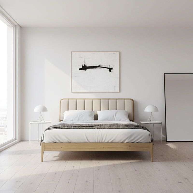 French Romantic Aesthetic Recessed Bed Frame - Genuine Leather Upholstered & Ash Wood Bed For Bedroom Lumendat