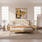 French Romantic Aesthetic Recessed Bed Frame - Genuine Leather Upholstered & Ash Wood Bed For Bedroom Lumendat