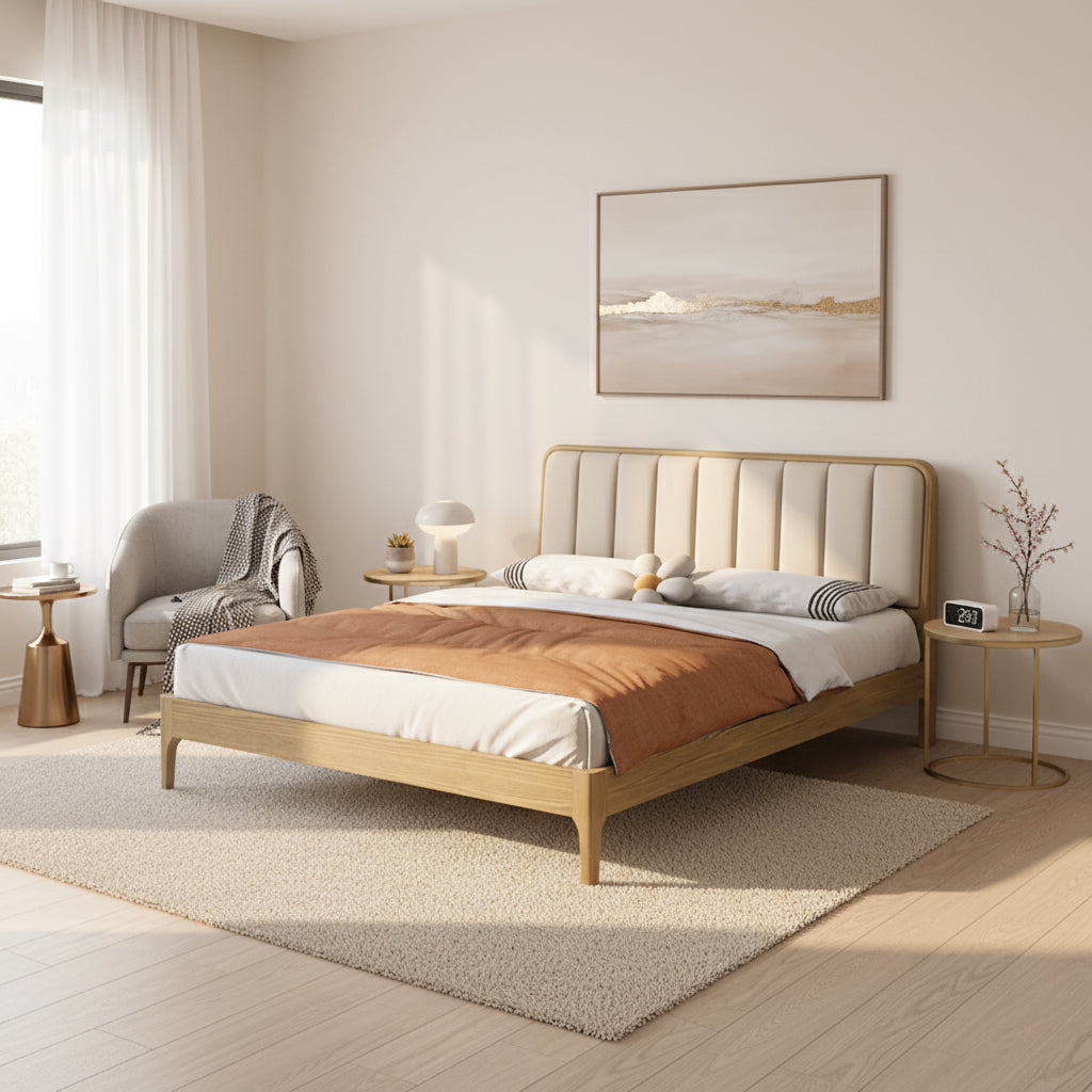 French Romantic Aesthetic Recessed Bed Frame - Genuine Leather Upholstered & Ash Wood Bed For Bedroom Lumendat