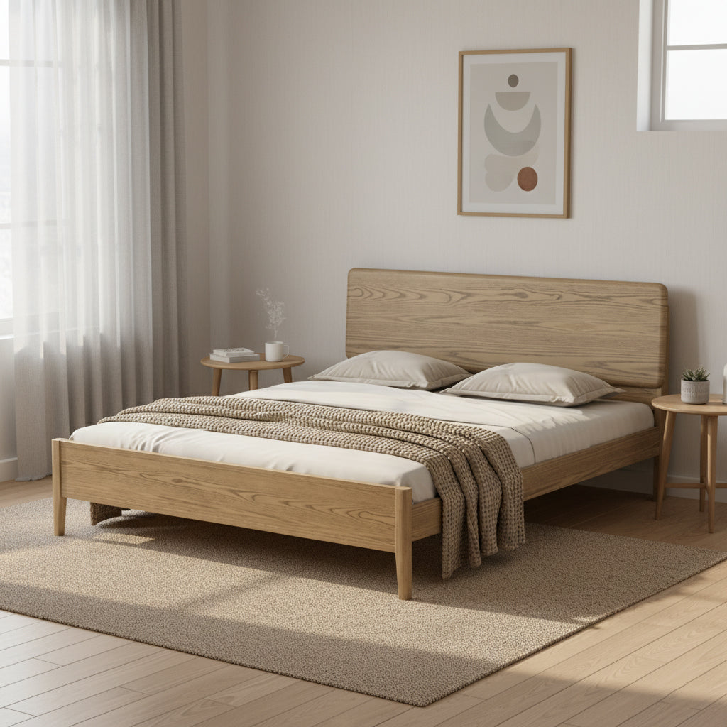 Traditional Rustic Flush-Edge Bed Frame - Full Ash Wood Frame & Pine Slats Adjustable Height Bed For Bedroom Lumendat