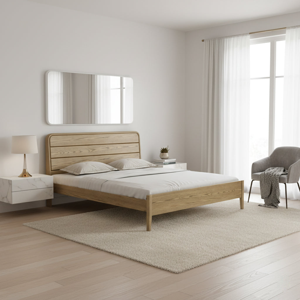 Consistent Texture Bed Frame - Flush Edge & Adjustable Height Ash Wood Bed For Bedroom Lumendat