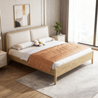 French Flush-Edge Bed Frame - Genuine Leather Headboard & Breathable Pine Slats Bed For Bedroom Lumendat