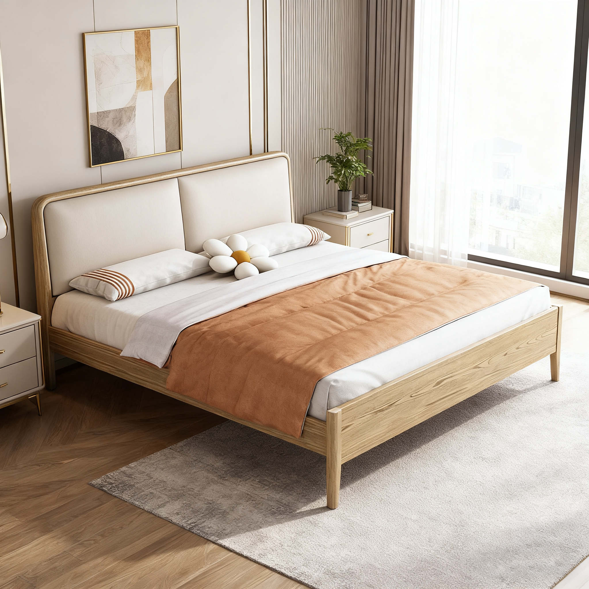 French Flush-Edge Bed Frame - Genuine Leather Headboard & Breathable Pine Slats Bed For Bedroom Lumendat