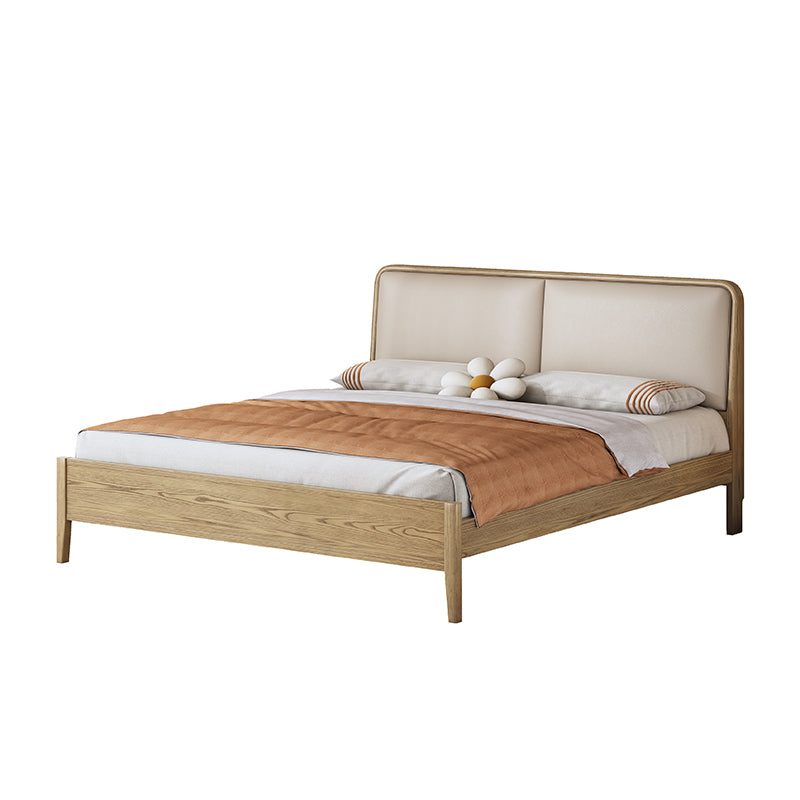 French Flush-Edge Bed Frame - Genuine Leather Headboard & Breathable Pine Slats Bed For Bedroom Lumendat