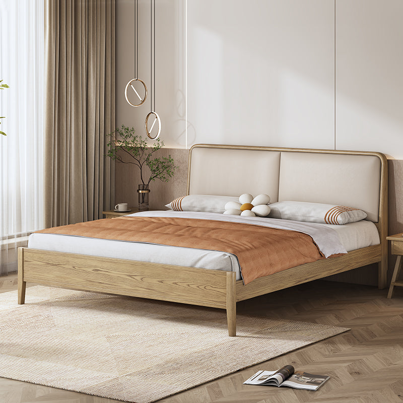 French Flush-Edge Bed Frame - Genuine Leather Headboard & Breathable Pine Slats Bed For Bedroom Lumendat
