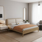 French Flush-Edge Bed Frame - Genuine Leather Headboard & Breathable Pine Slats Bed For Bedroom Lumendat