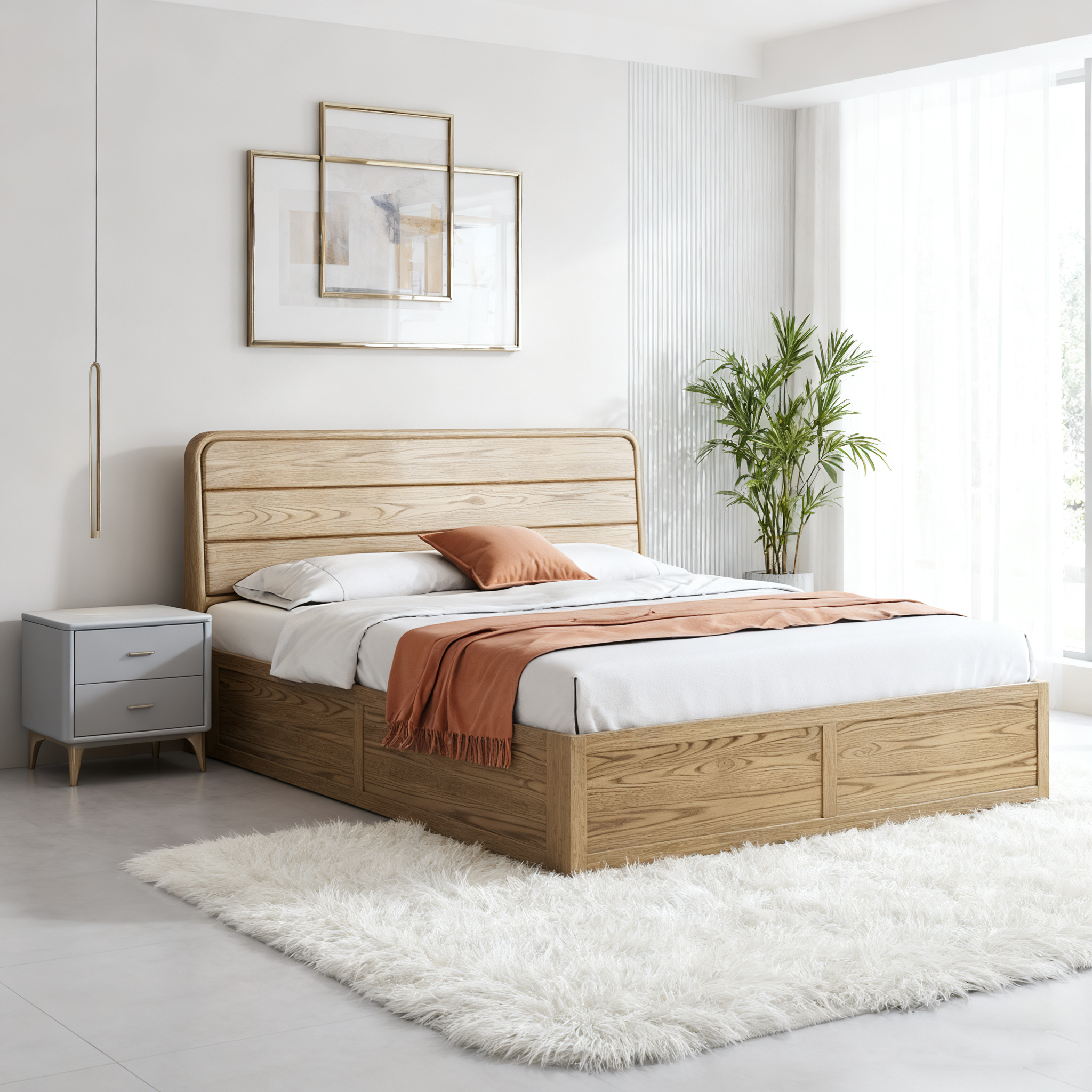 Space-Saving Rustic Bed Frame - Natural Ash Wood Lift-Top Storage Bed For Bedroom Lumendat