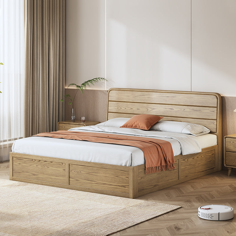 Space-Saving Rustic Bed Frame - Natural Ash Wood Lift-Top Storage Bed For Bedroom Lumendat