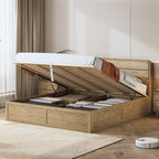 Space-Saving Rustic Bed Frame - Natural Ash Wood Lift-Top Storage Bed For Bedroom Lumendat