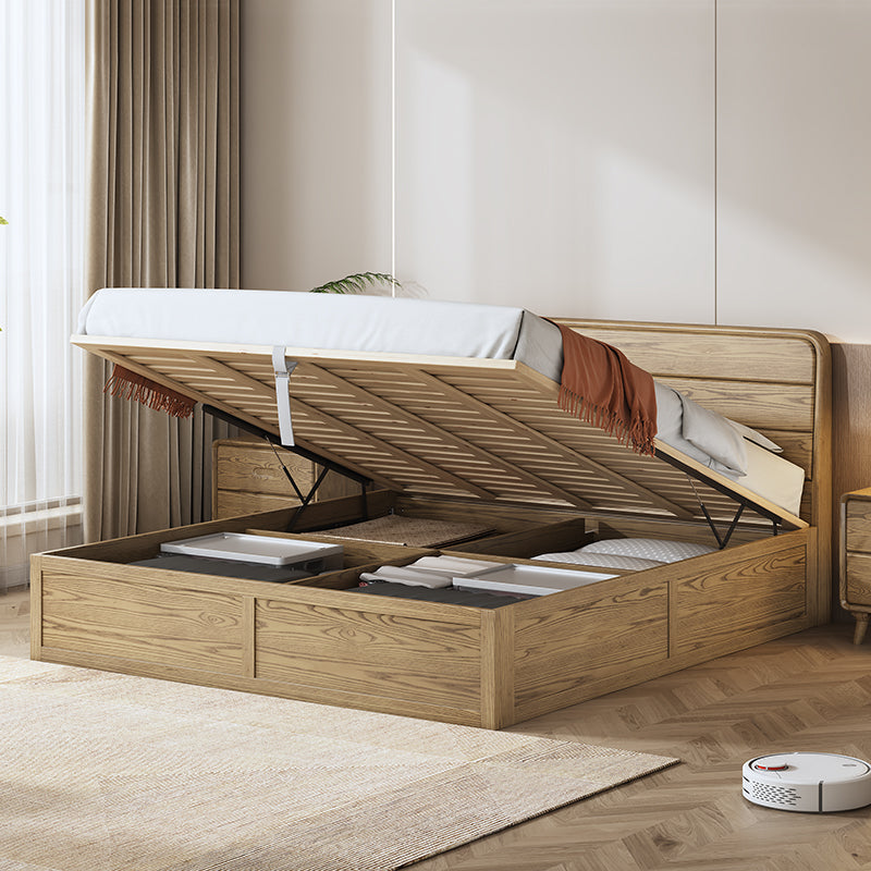 Space-Saving Rustic Bed Frame - Natural Ash Wood Lift-Top Storage Bed For Bedroom Lumendat