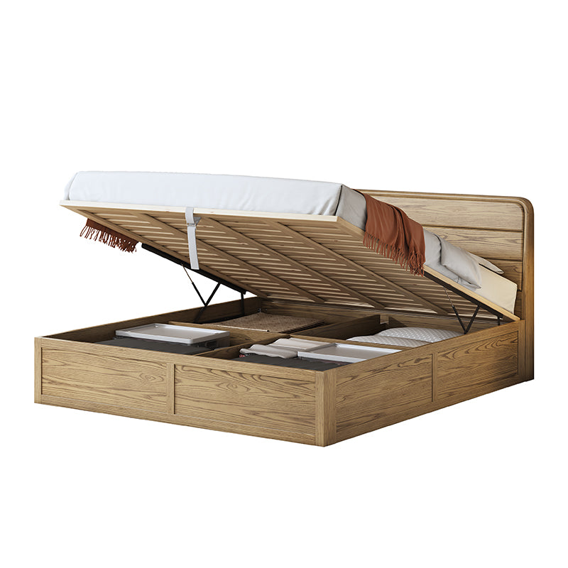 Space-Saving Rustic Bed Frame - Natural Ash Wood Lift-Top Storage Bed For Bedroom Lumendat