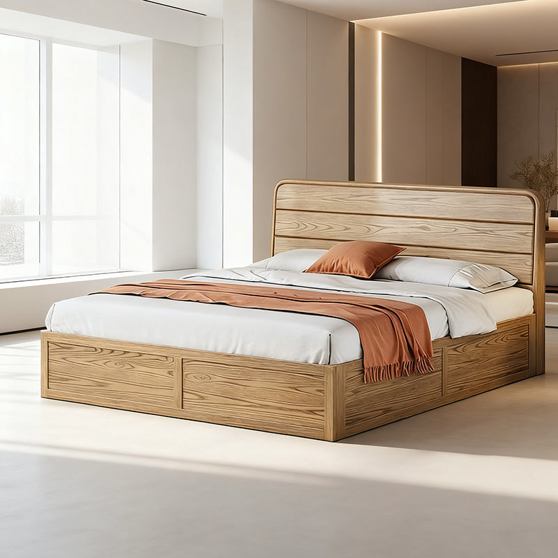 Space-Saving Rustic Bed Frame - Natural Ash Wood Lift-Top Storage Bed For Bedroom Lumendat