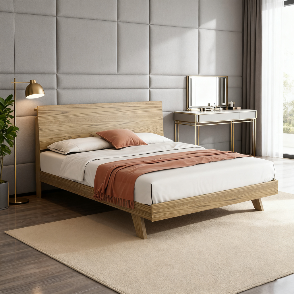 Minimalist Flush-Edge Design Bed Frame - Full Ash Wood Frame Bed For Bedroom Lumendat