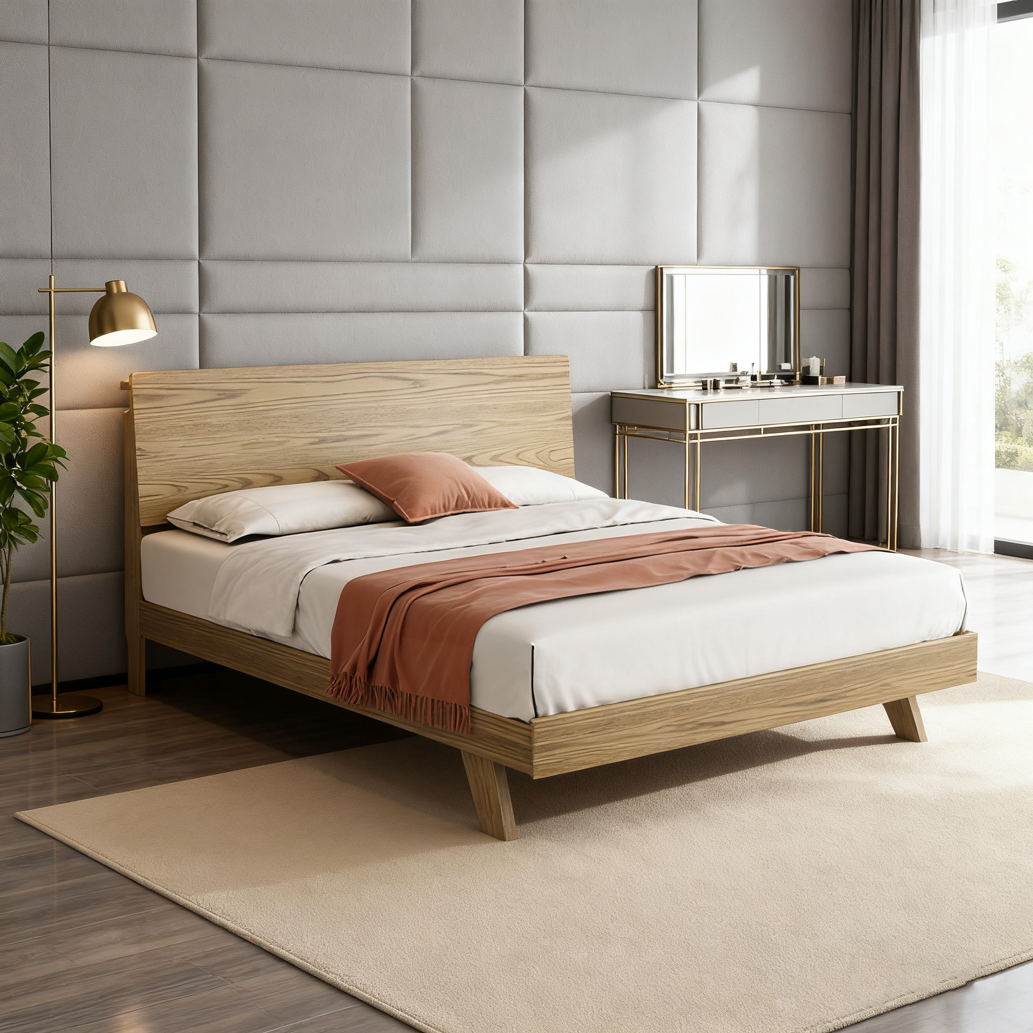 Minimalist Flush-Edge Design Bed Frame - Full Ash Wood Frame Bed For Bedroom Lumendat
