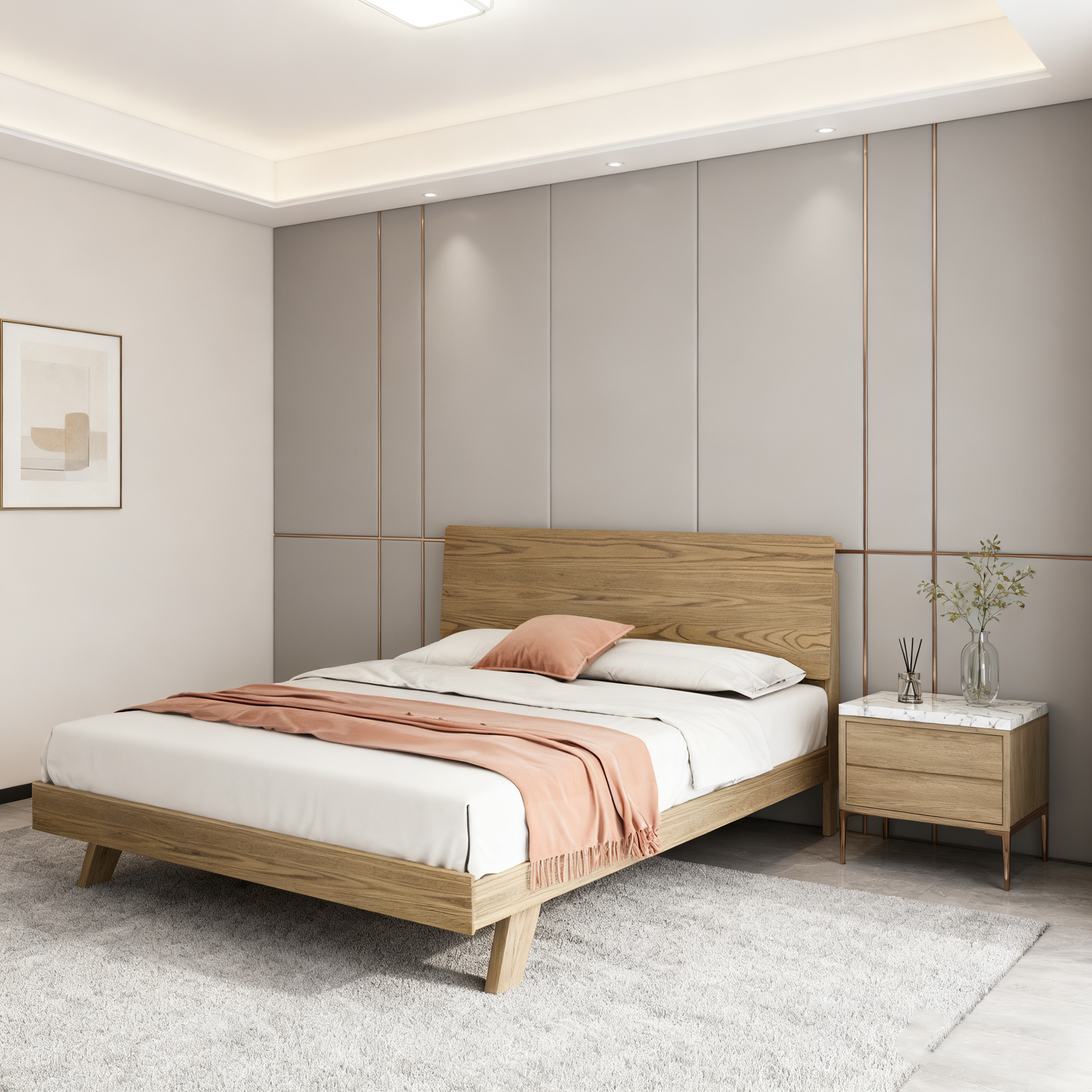Minimalist Flush-Edge Design Bed Frame - Full Ash Wood Frame Bed For Bedroom Lumendat