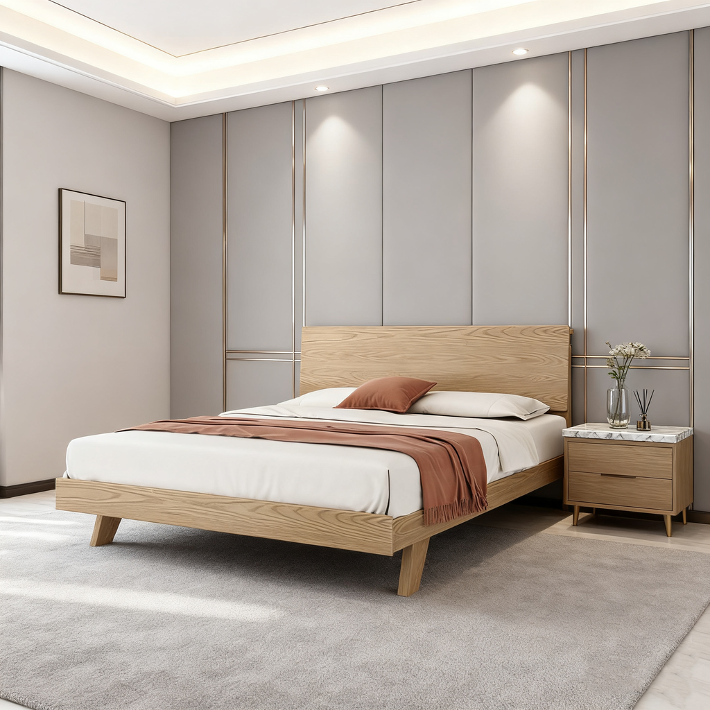Minimalist Flush-Edge Design Bed Frame - Full Ash Wood Frame Bed For Bedroom Lumendat