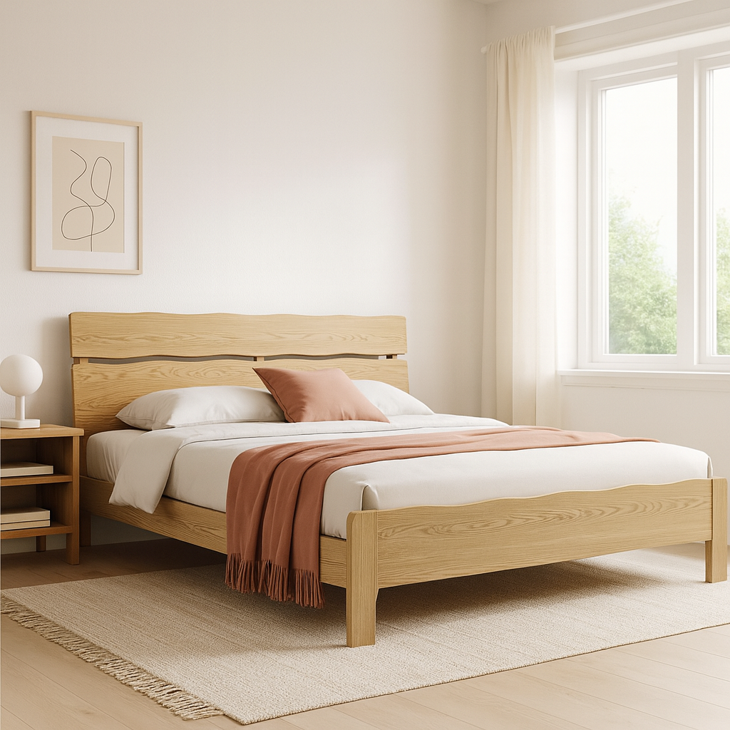 Contemporary Coastal Bed Frame - Multi-Height Adjustment & Sturdy Ash Wood Bed For Bedroom Lumendat