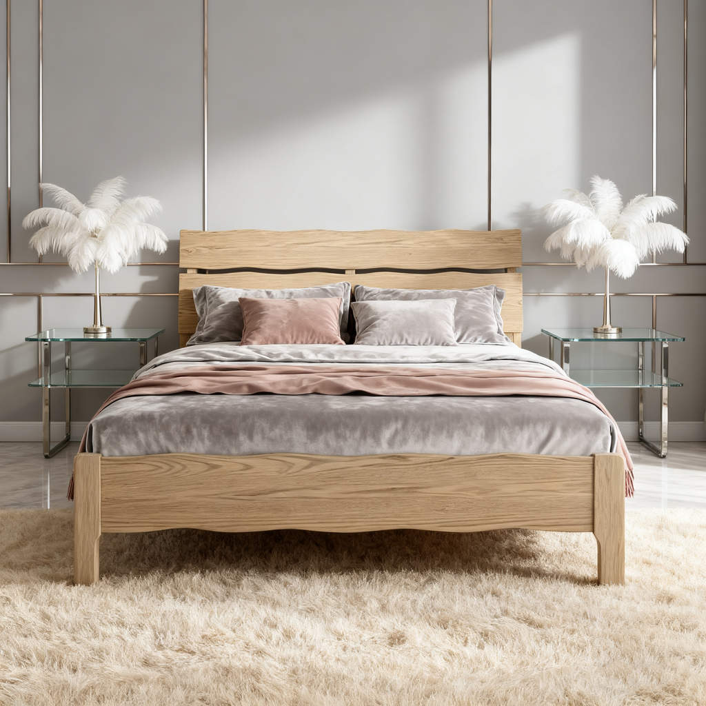 Contemporary Coastal Bed Frame - Multi-Height Adjustment & Sturdy Ash Wood Bed For Bedroom Lumendat