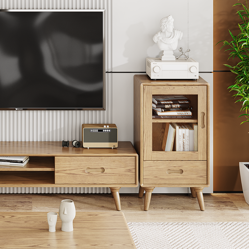 Premium Solid Ash Wood Side Cabinet - Sleek Rectangular Storage & Invisible Slide Drawer Storage Cabinet 2-Layer Cabinet For Living Room Lumendat