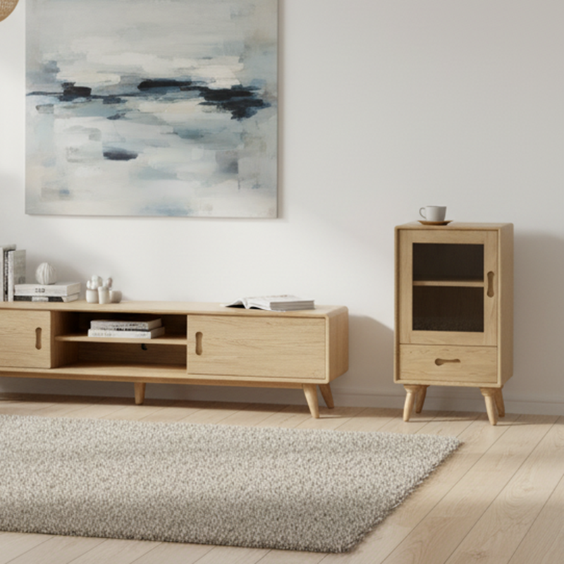 Premium Solid Ash Wood Side Cabinet - Sleek Rectangular Storage & Invisible Slide Drawer Storage Cabinet 2-Layer Cabinet For Living Room Lumendat