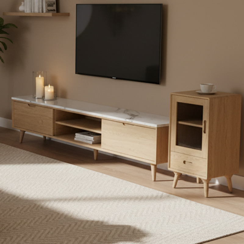 Premium Solid Ash Wood Side Cabinet - Sleek Rectangular Storage & Invisible Slide Drawer Storage Cabinet 2-Layer Cabinet For Living Room Lumendat