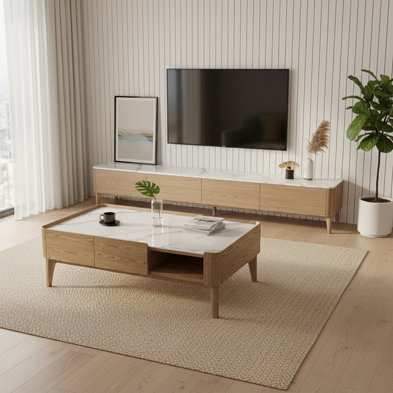 Classic French-Style Ash Wood Coffee Table - Stable Structure 4-Legs Table For Living Room Lumendat