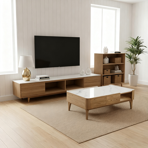 Classic French-Style Ash Wood Coffee Table - Stable Structure 4-Legs Table For Living Room Lumendat