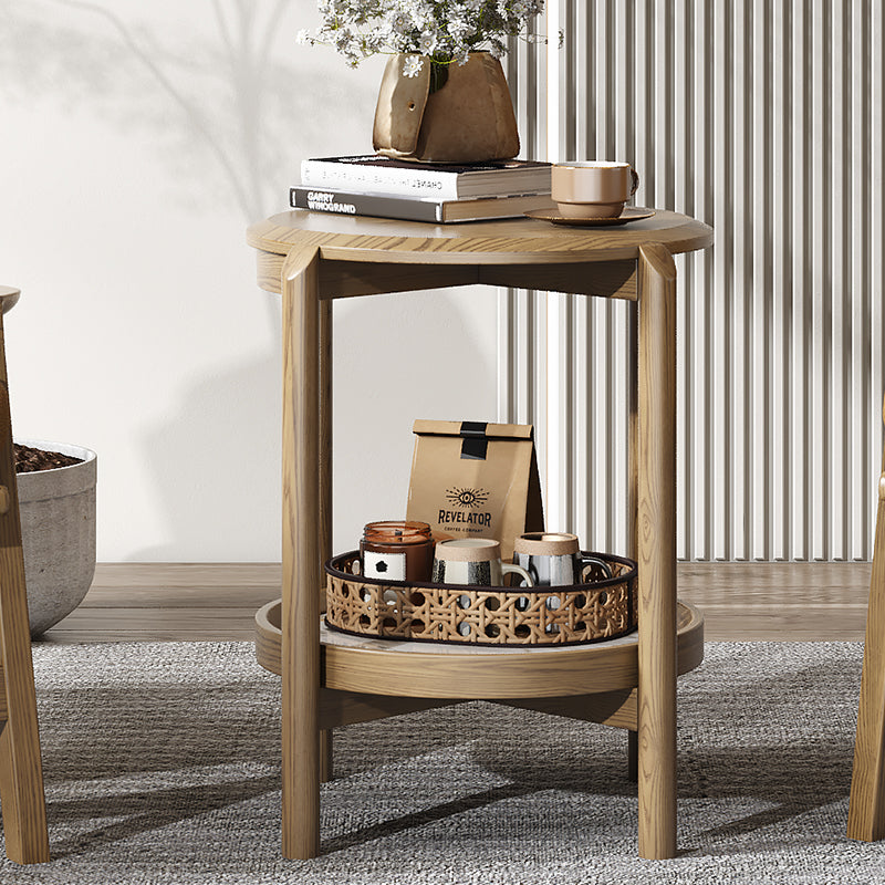 Scandinavian Round Coffee Table - Eco-Friendly Ash Wood & Rock Slab Side Table 2-Tier For Living Room Lumendat