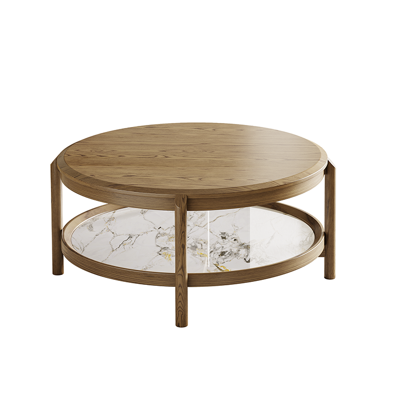 Scandinavian Round Coffee Table - Eco-Friendly Ash Wood & Rock Slab Side Table 2-Tier For Living Room Lumendat