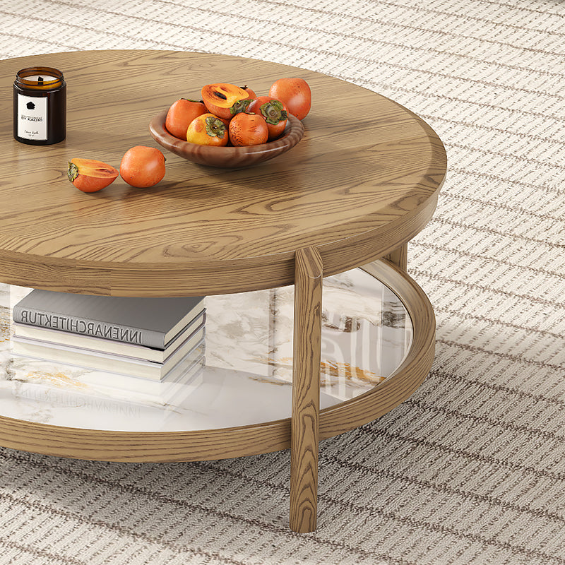 Scandinavian Round Coffee Table - Eco-Friendly Ash Wood & Rock Slab Side Table 2-Tier For Living Room Lumendat