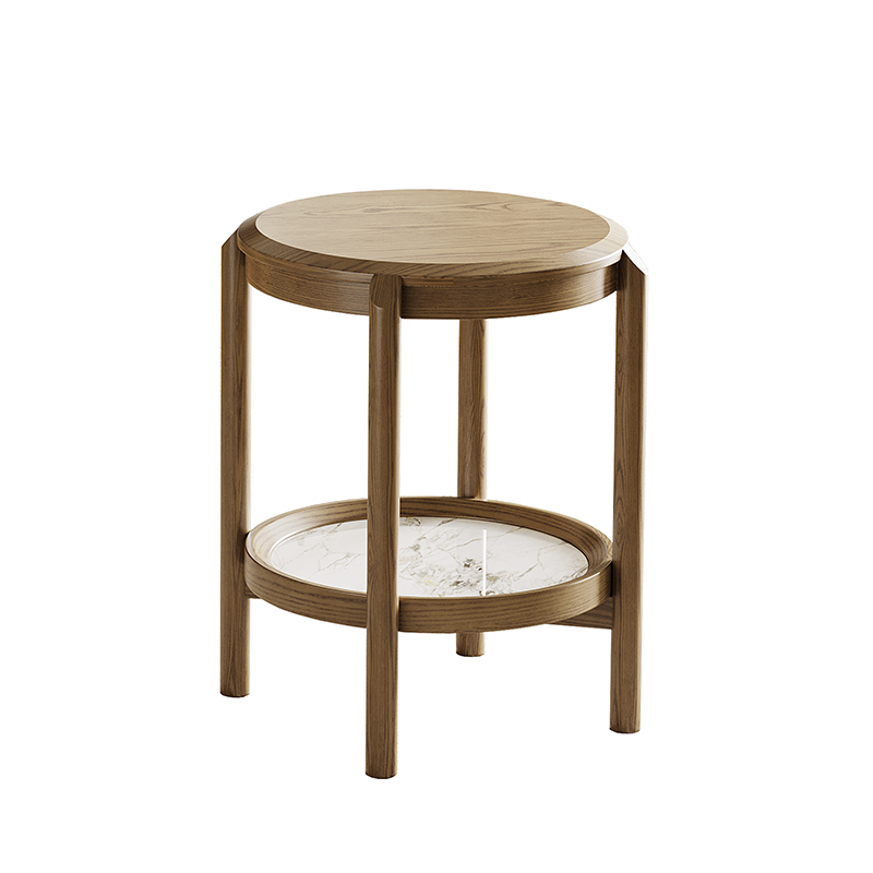 Scandinavian Round Coffee Table - Eco-Friendly Ash Wood & Rock Slab Side Table 2-Tier For Living Room Lumendat