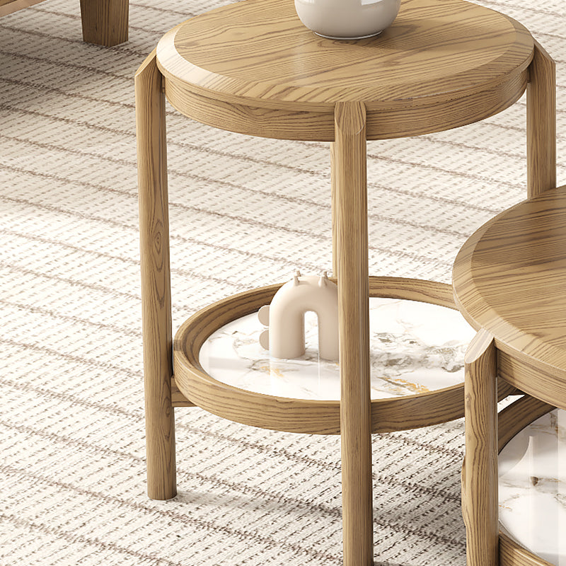 Scandinavian Round Coffee Table - Eco-Friendly Ash Wood & Rock Slab Side Table 2-Tier For Living Room Lumendat