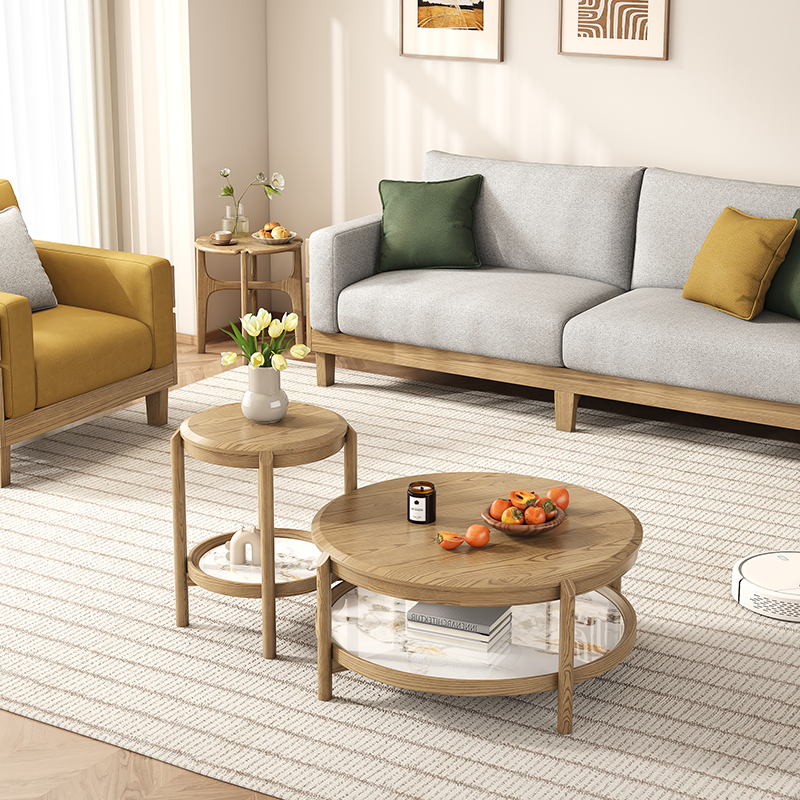 Scandinavian Round Coffee Table - Eco-Friendly Ash Wood & Rock Slab Side Table 2-Tier For Living Room Lumendat