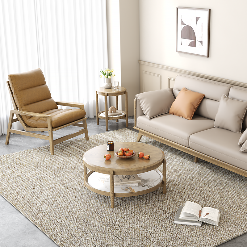 Scandinavian Round Coffee Table - Eco-Friendly Ash Wood & Rock Slab Side Table 2-Tier For Living Room Lumendat