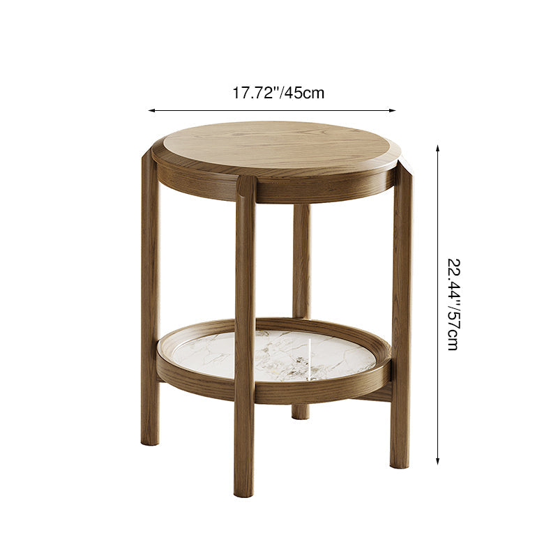 Scandinavian Round Coffee Table - Eco-Friendly Ash Wood & Rock Slab Side Table 2-Tier For Living Room Lumendat