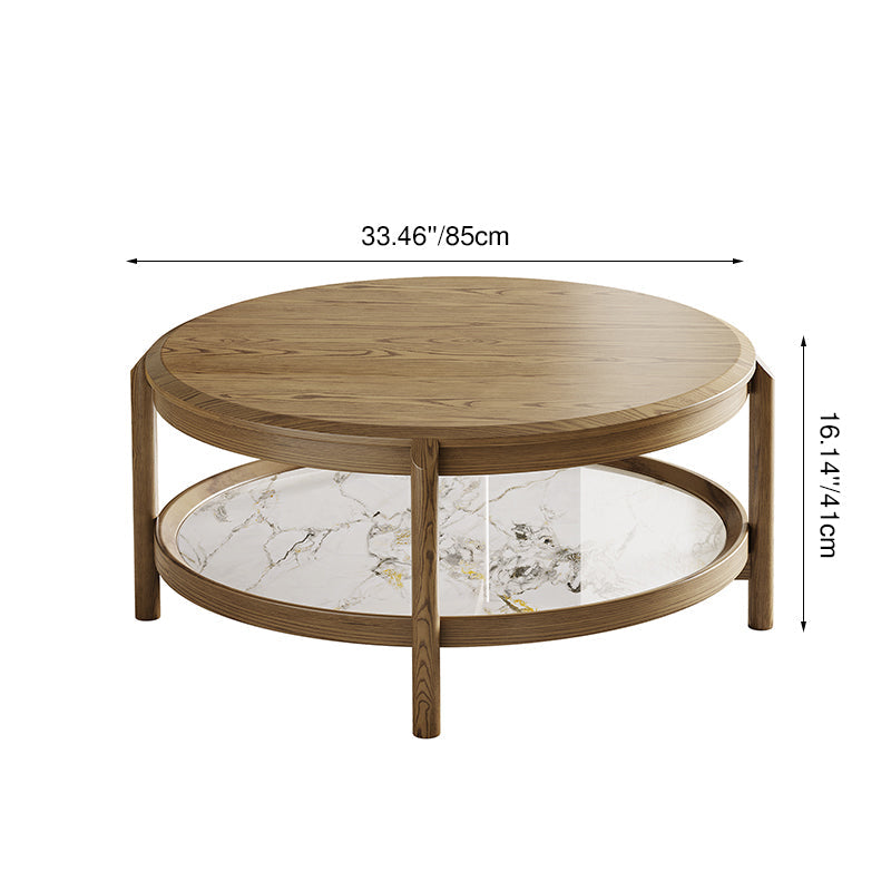 Scandinavian Round Coffee Table - Eco-Friendly Ash Wood & Rock Slab Side Table 2-Tier For Living Room Lumendat