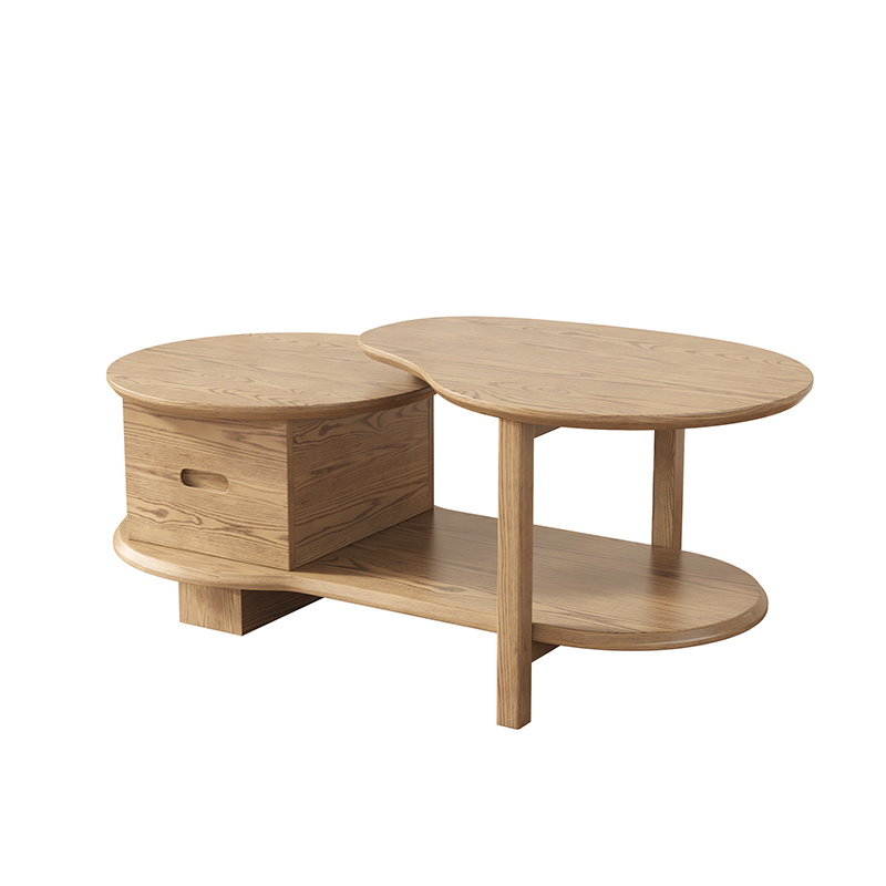 Premium Ash Wood Creative Coffee Table - Staggered Layers & Invisible Slide Drawer 3-Tier For Living Room Lumendat