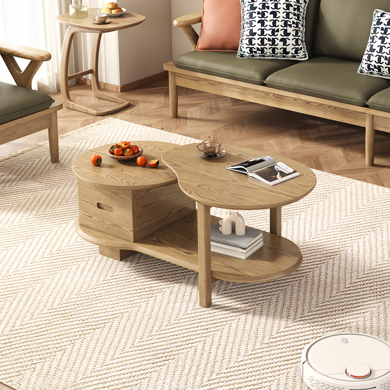 Premium Ash Wood Creative Coffee Table - Staggered Layers & Invisible Slide Drawer 3-Tier For Living Room Lumendat