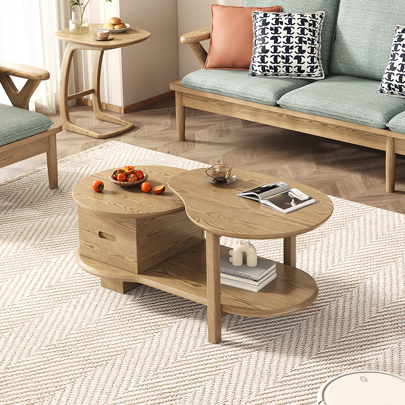 Premium Ash Wood Creative Coffee Table - Staggered Layers & Invisible Slide Drawer 3-Tier For Living Room Lumendat