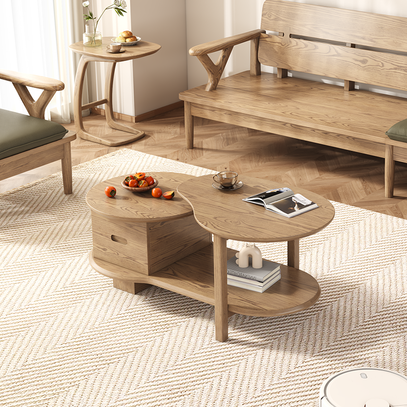 Premium Ash Wood Creative Coffee Table - Staggered Layers & Invisible Slide Drawer 3-Tier For Living Room Lumendat